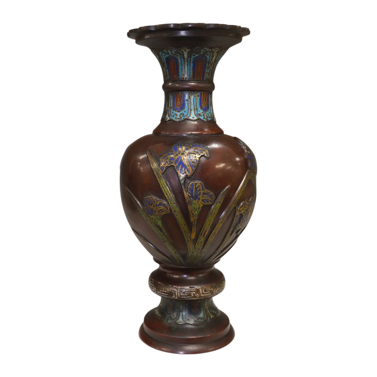 A Japanese bronze and champlevé enamel vase, decorated with irises, 30.5cm high. Condition - fair.